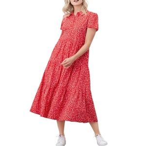 Joules Cotton Spotted Short Sleeve Tiered Midi Dress Pockets Lined Size 6 US